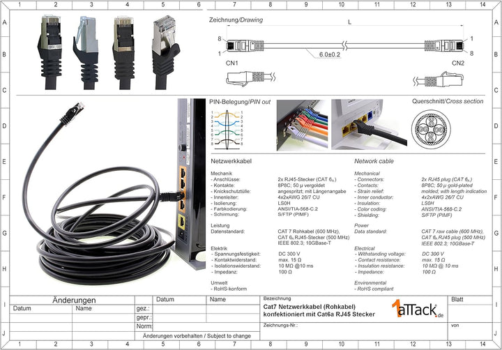 1aTTack.de 10m - schwarz - 5 Stück CAT.7 Netzwerkkabel Patchkabel SFTP PIMF LSZH Gigabit Lan Kabel 1