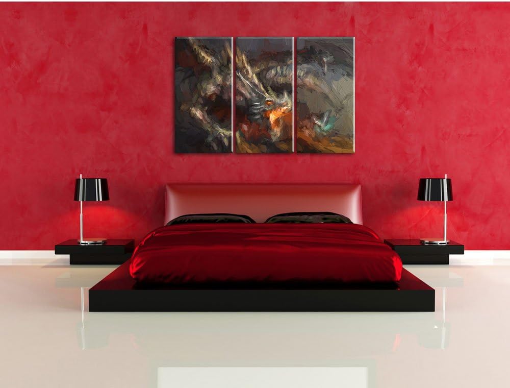Pixxprint Kampf zwischen Mensch und Drache als Leinwandbild/Grösse: 3 Teilig (120x80 cm) cm/Wandbild