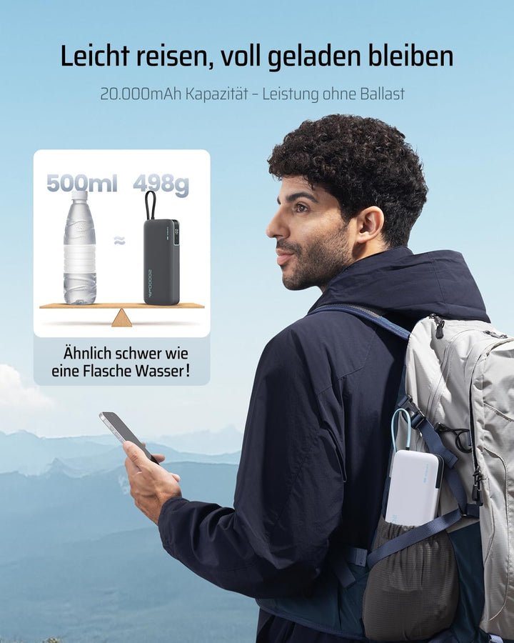 CUKTECH 20000mah Power Bank, 45W Powerbank mit Integriertem USB-C Kabel, Externe Handyakkus mit Schn