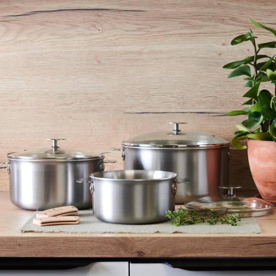 ALCHIMY LOQY Topfset 3-teilig, Edelstahl, 3-lagig, 2 abnehmbare Griffe aus Buchenholz LOQY und 3 Gla