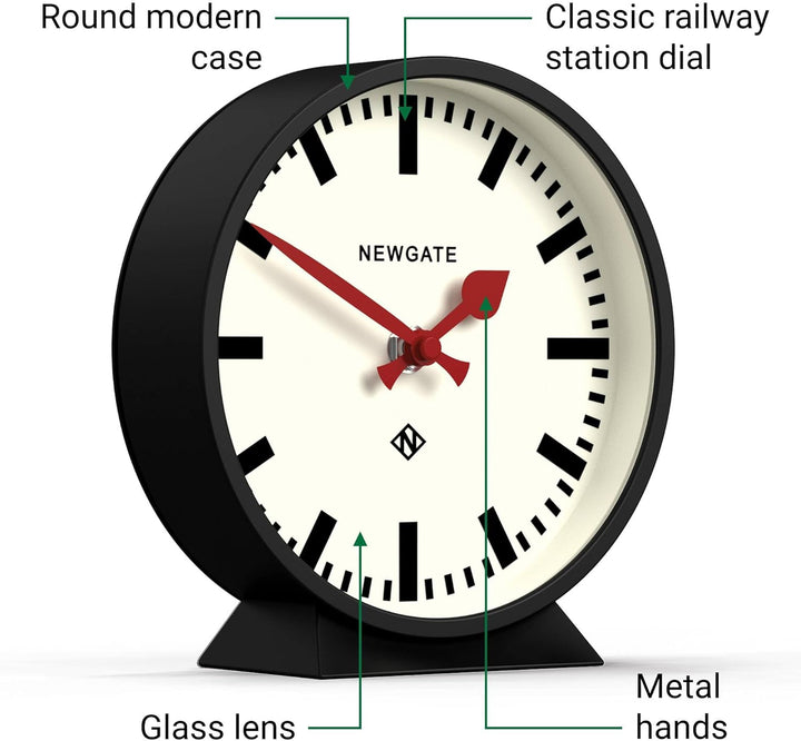 NEWGATE® M Kaminsims Eisenbahn schreibtischuhr | Modernes rundes bahnhofsuhr Design | Schwarz | Zeit