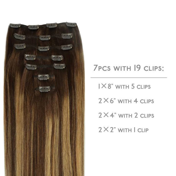 WENNALIFE Clip in Extensions Echthaar, 45cm 18 Zoll 120g 7pcs Balayage Schokoladenbraun bis Karamell