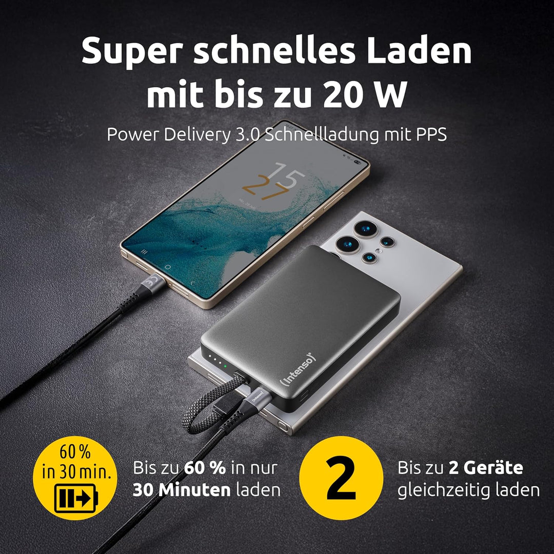 Intenso MC10000 Powerbank mit magnetischer Rückseite und integriertem USB-C Kabel, 10.000 mAh, Ultra