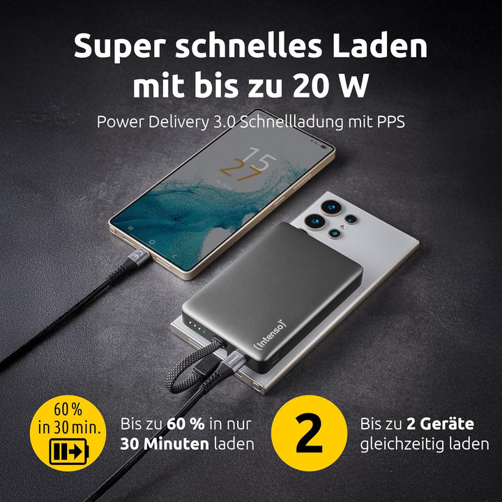Intenso MC10000 Powerbank mit magnetischer Rückseite und integriertem USB-C Kabel, 10.000 mAh, Ultra
