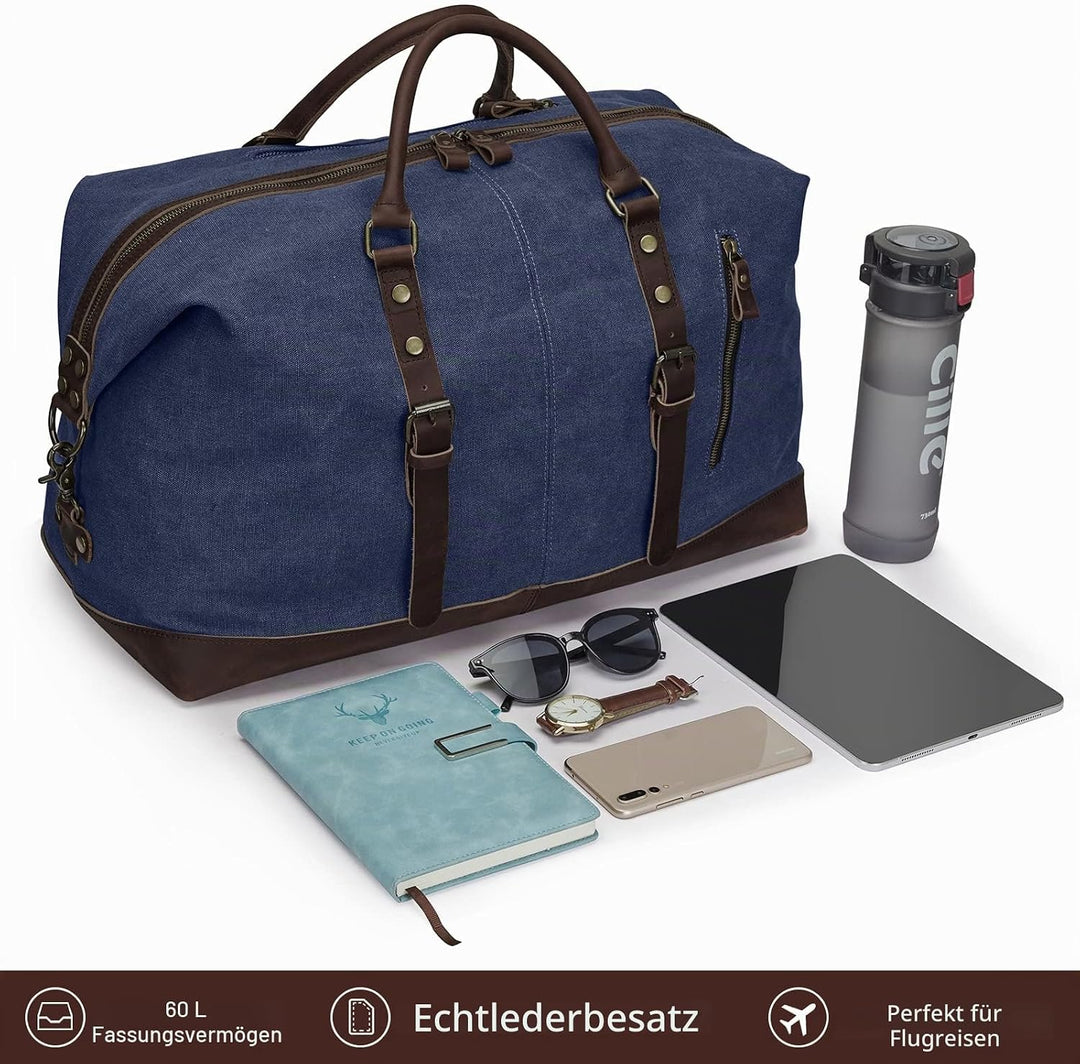 S-ZONE Reisetasche 52-55L Vintage Canvas Crazy Horse Leder Trim Unisex Handgepäck Weekender Tasche S