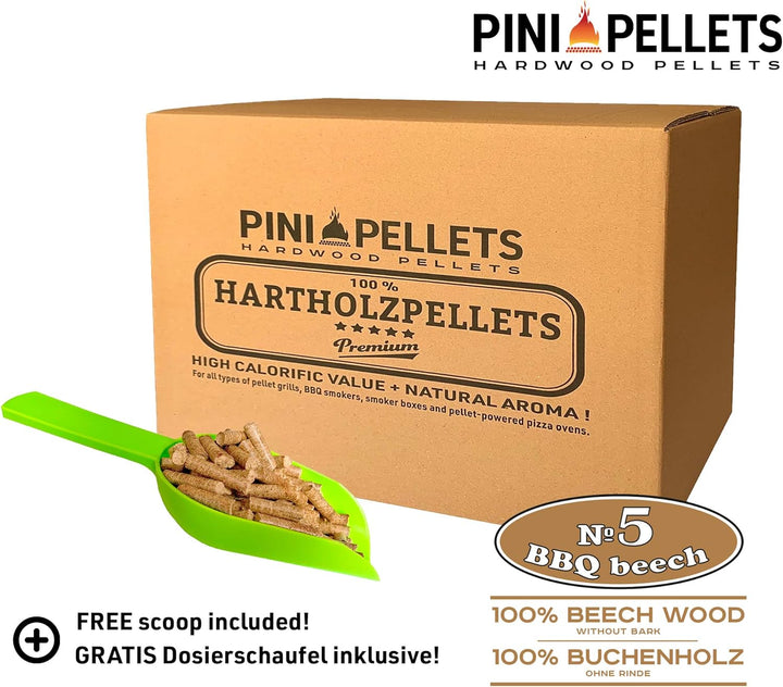 PINI Hartholz Pellets 100% Buche №5 BBQ Beech 10 Kg Grillpellets zum Grillen Räuchern Smoken