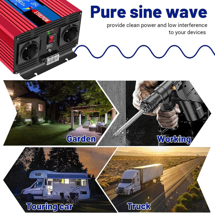 ETREPOW 4000w Spannungswandler 24v 230v Reine Sinus Wechselrichter mit 2 EU-Steckdosen und USB, kabe