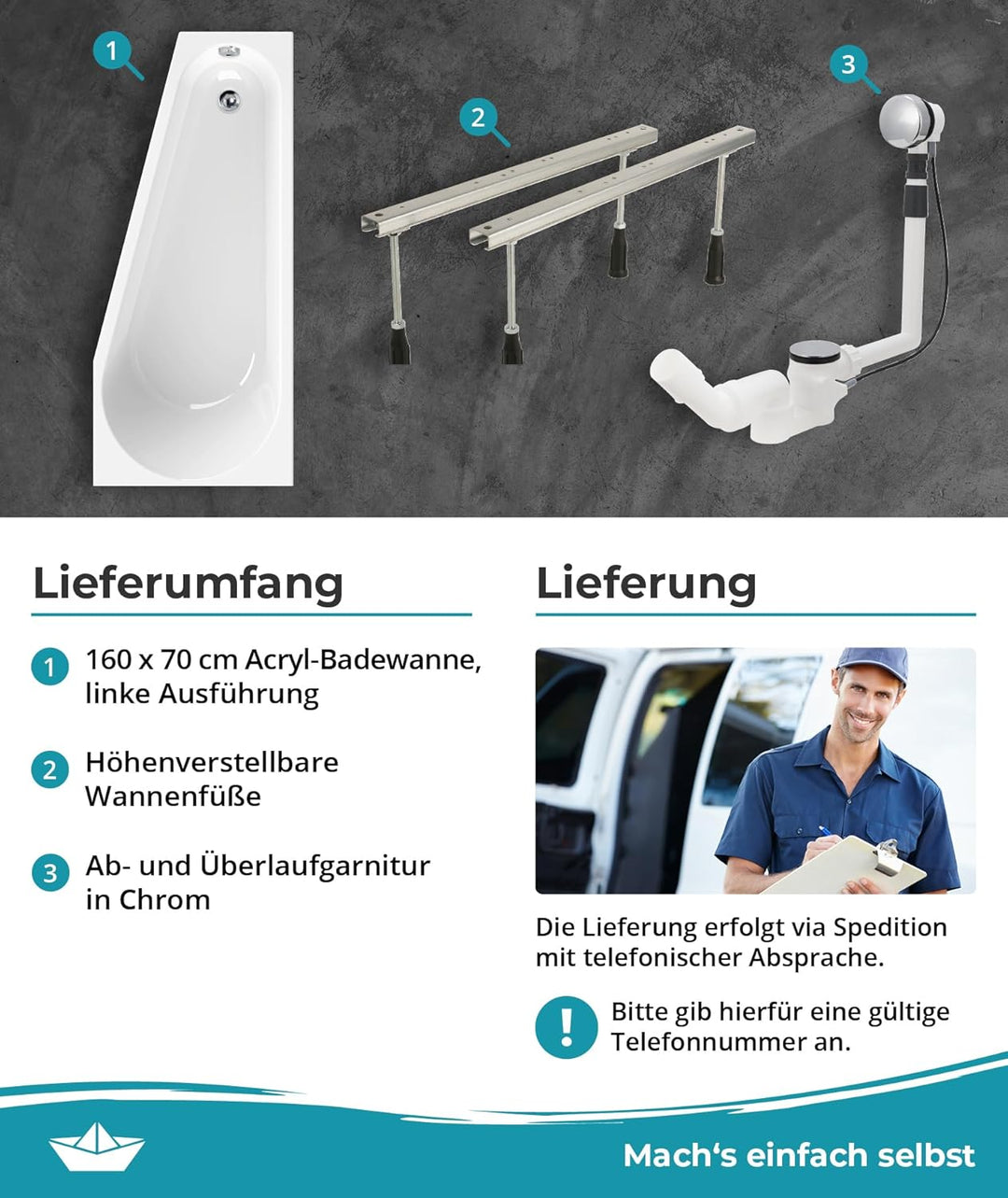 Calmwaters® Raumsparende Eckbadewanne 160x70 cm Essential Small, Made in EU, 3in1 Acryl-Badewanne mi