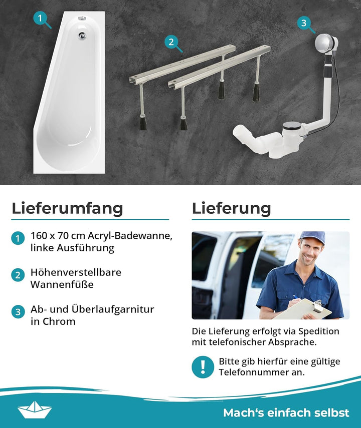 Calmwaters® Raumsparende Eckbadewanne 160x70 cm Essential Small, Made in EU, 3in1 Acryl-Badewanne mi