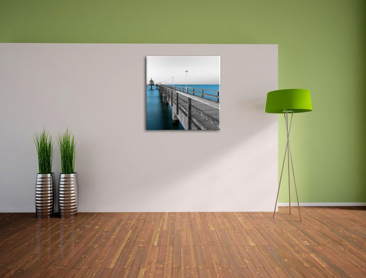 Langer Pier Steg ins Meer schwarz/weiss, Format: 70x70 auf Leinwand, riesige Bilder fertig gerahmt m