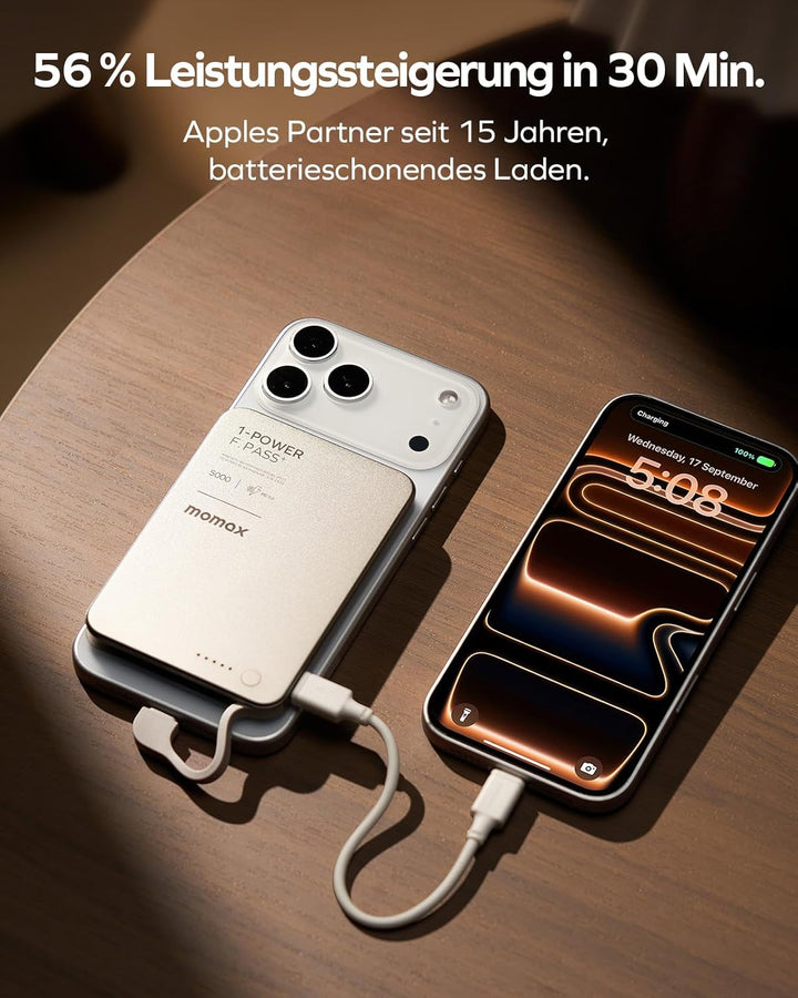 MOMAX Ultra-schlanke Powerbank 5000mAh mit Integriertem USB-C-Kabel, PD 20W Schnellladeakku für iPho