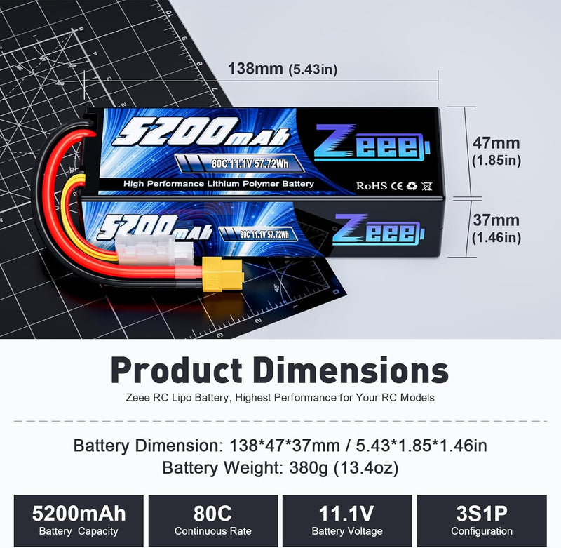 Zeee 3S Lipo Akku 5200mAh 11.1V 80C RC Akku Hartschalen mit XT60 Stecker für RC Auto LKW Tank Boot R