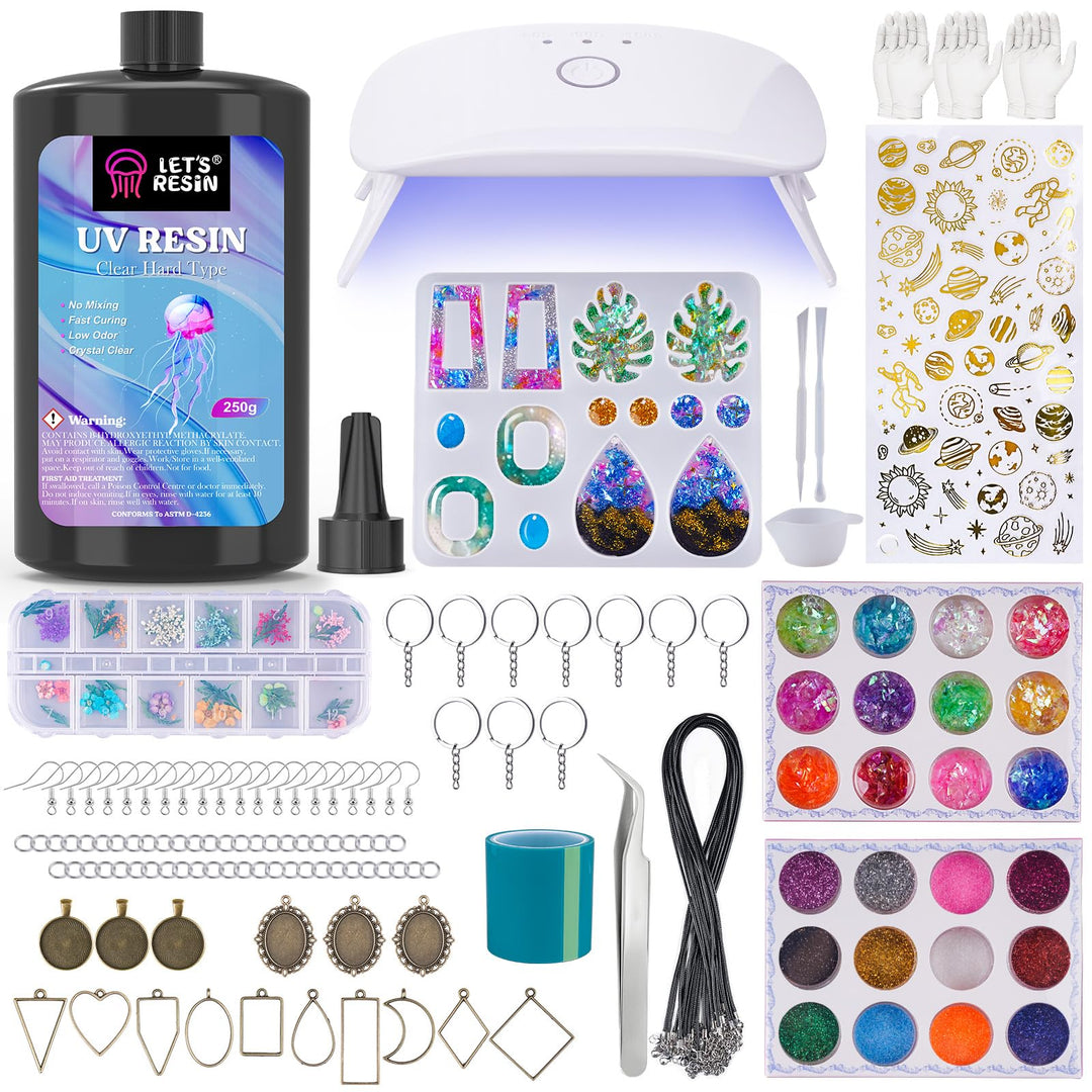 LET'S RESIN UV Resin Set mit UV Lampe, 153Pcs UV Kleber mit Lampe Set, UV Harz Set für Schlüsselanhä