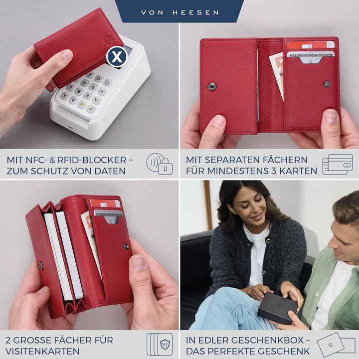 VON HEESEN® Visitenkartenetui Leder mit RFID-Schutz - Platz für 50 Visitenkarten - 6 Fächer - Visite