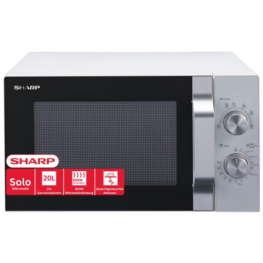 Sharp R204WA Solo-Mikrowelle,20 L,800 W,6 Leistungsstufen,Timer von 30 Minuten bis 00 Sekunden,Weiss