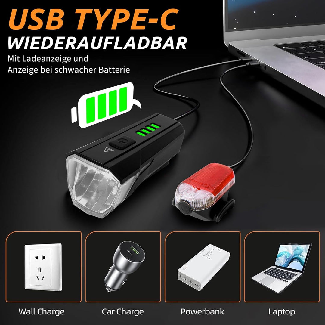 Fahrrad Licht Set Powerful USB, Fahrradlampe Vorne und Hinten Rechargeable, Wasserdicht IPX6, Kabell