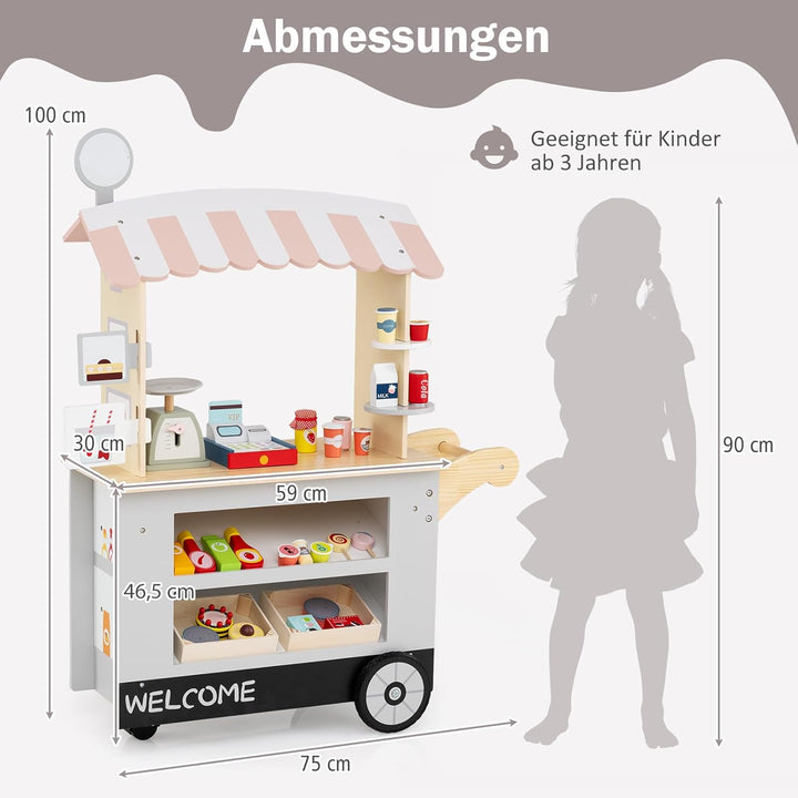 COSTWAY Kaufladen Kinder, Kaufmannsladen Holz mit 2 Ablagen, Schiebegriff & Zubehör, Einkaufsladen a