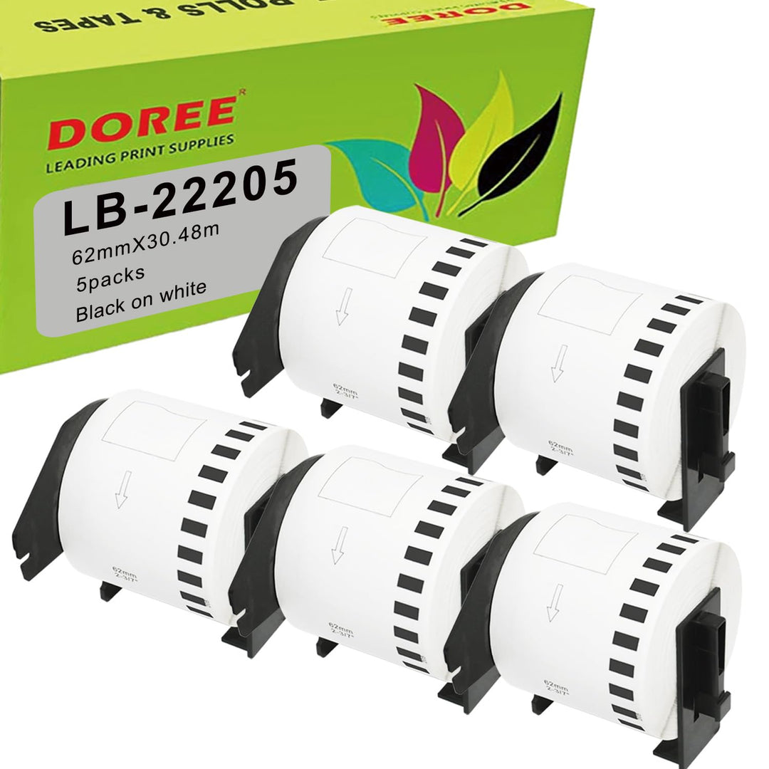 DOREE 5 Rollen DK-22205 Endlosetiketten, kompatibel mit Brother DK22205, 62mm x 30,48m Selbstklebend