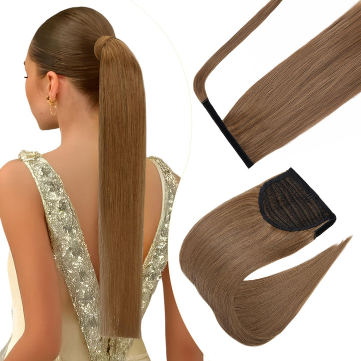Elailite Ponytail Extension Echthaar #6 Hellbraun, Haarverlängerung Zopf Haarzopf Pferdeschwanz Haar