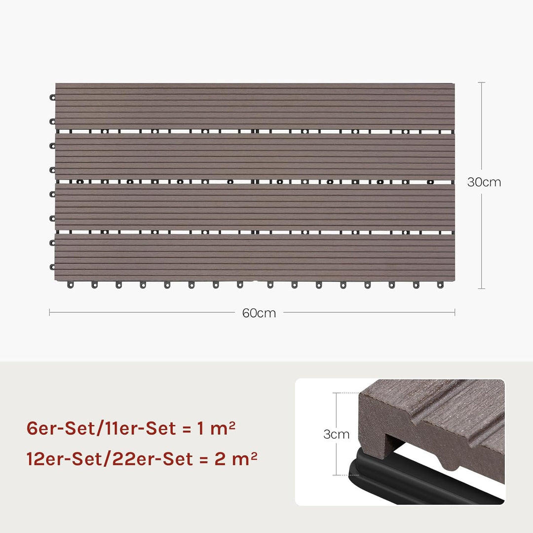 WOLTU WPC Fliese, Terrassenfliesen Holz-Optik, Bodenbelag mit Klicksystem, 30 x 60 cm, Braun (12 Stü