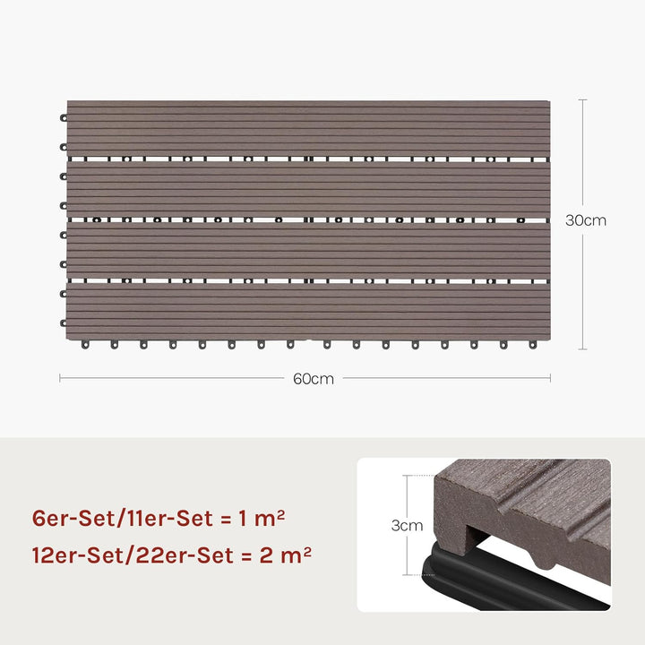 WOLTU WPC Fliese, Terrassenfliesen Holz-Optik, Bodenbelag mit Klicksystem, 30 x 60 cm, Braun (12 Stü