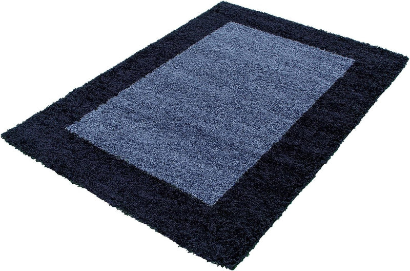 HomebyHome Teppich Wohnzinmer Shaggy Hochflor Marineblau Läufer 80x250 cm Bordüre Läufer Flur - Flau