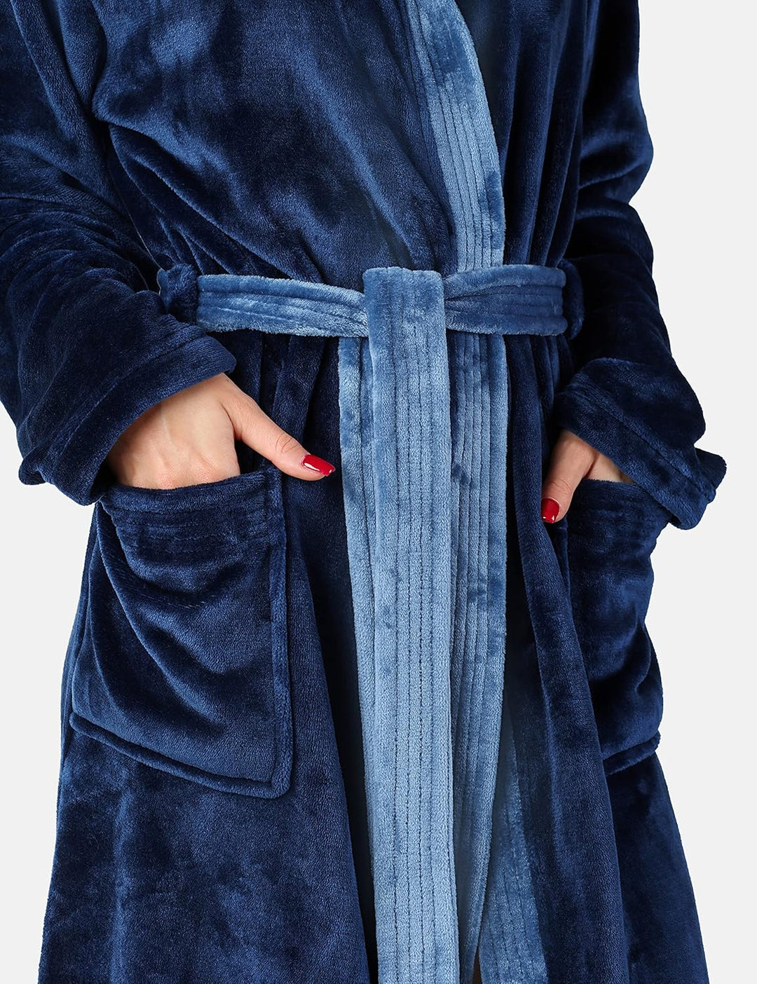 Damen Bademantel lang mit Kapuze und Gürtel BLV50-168, Dunkelblau / Blau