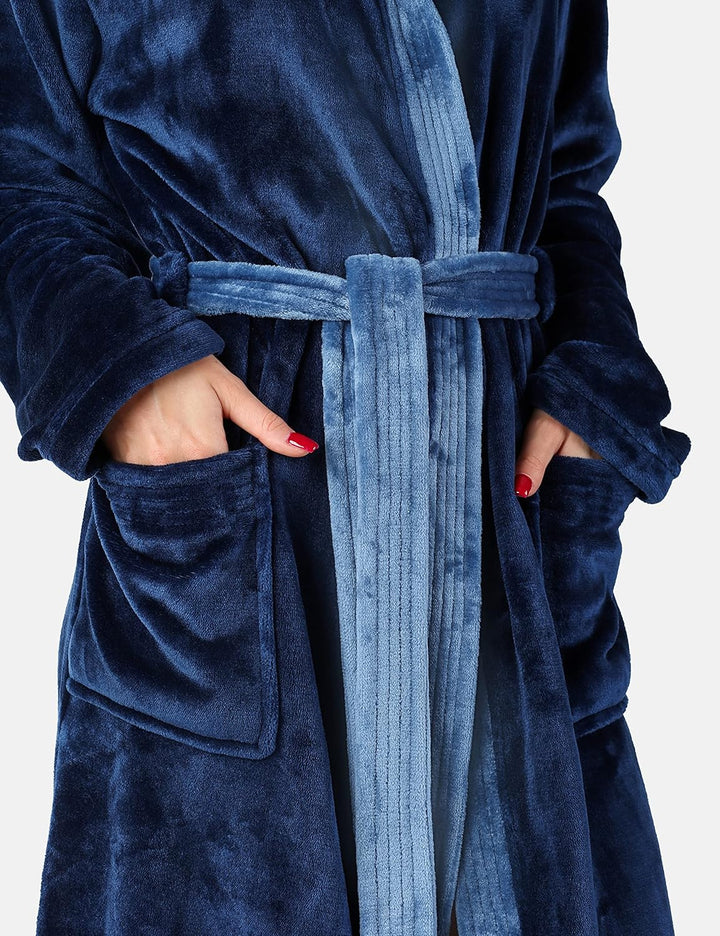 Damen Bademantel lang mit Kapuze und Gürtel BLV50-168, Dunkelblau / Blau