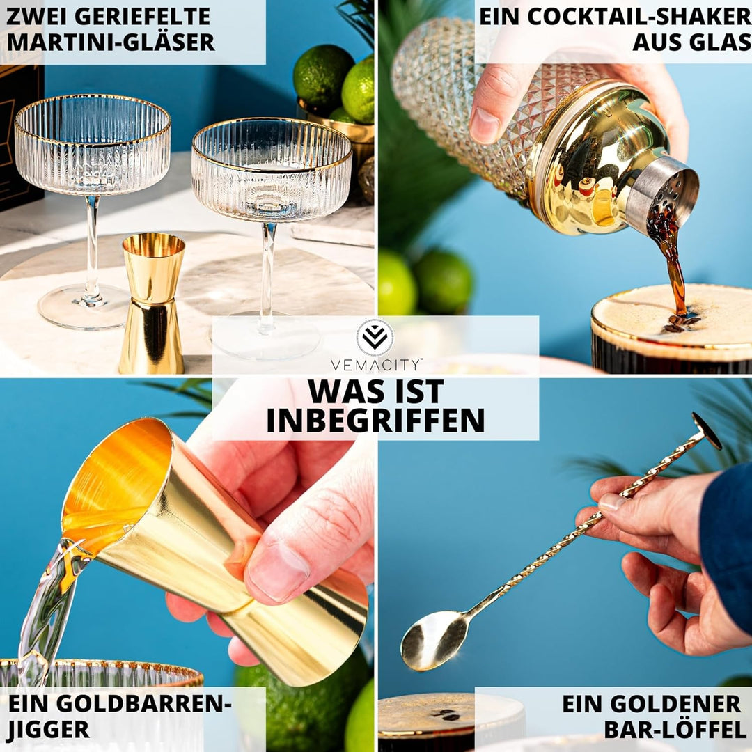 Vemacity Cocktail Set - Glas Cocktail Shaker mit Sieb 450ml | Ink. 2 x Martini Gläser mit Goldrand G