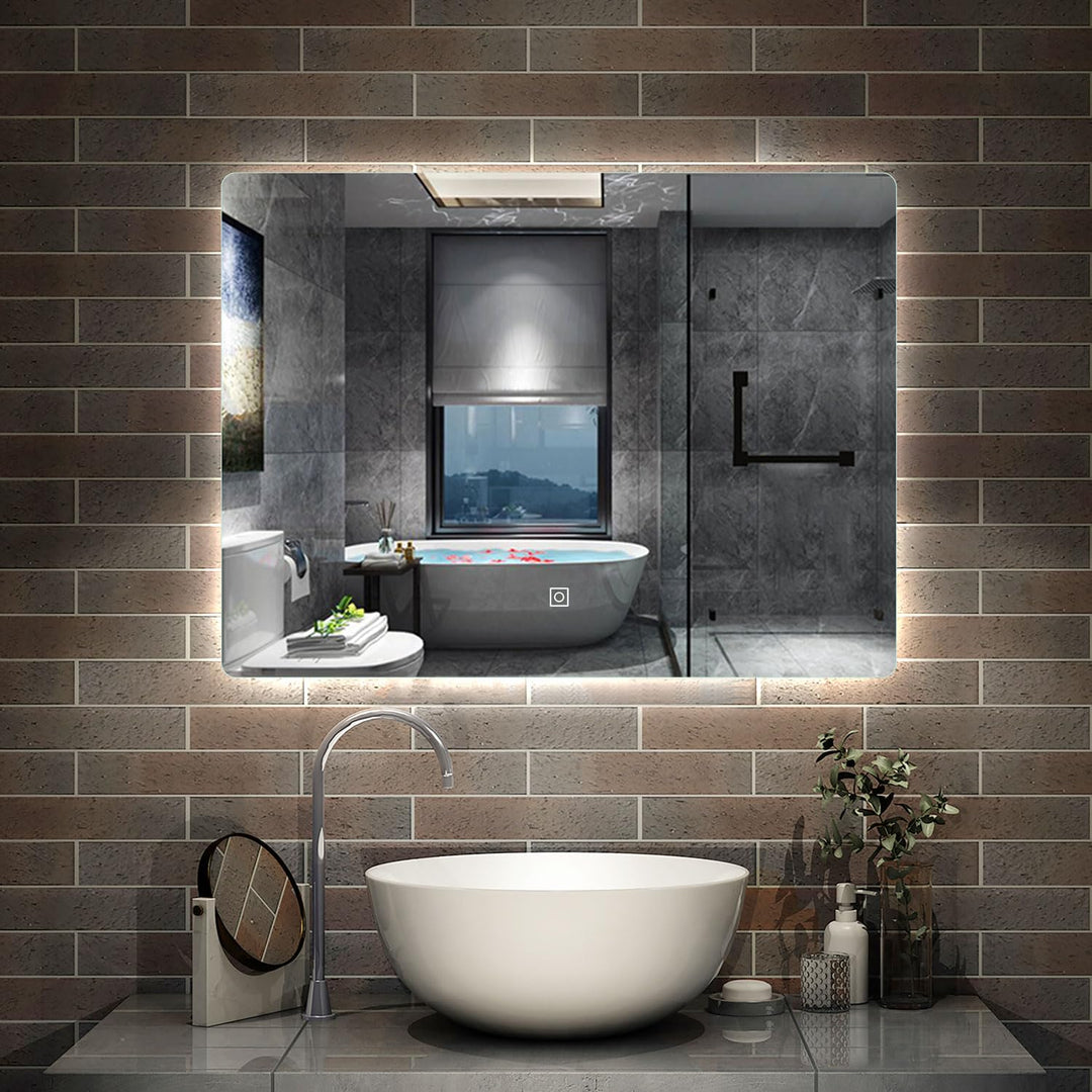 Aica Sanitär Badspiegel mit Beleuchtung 60×40cm Touch Wandschalter Kaltweiss dimmbar Memory-Funktion