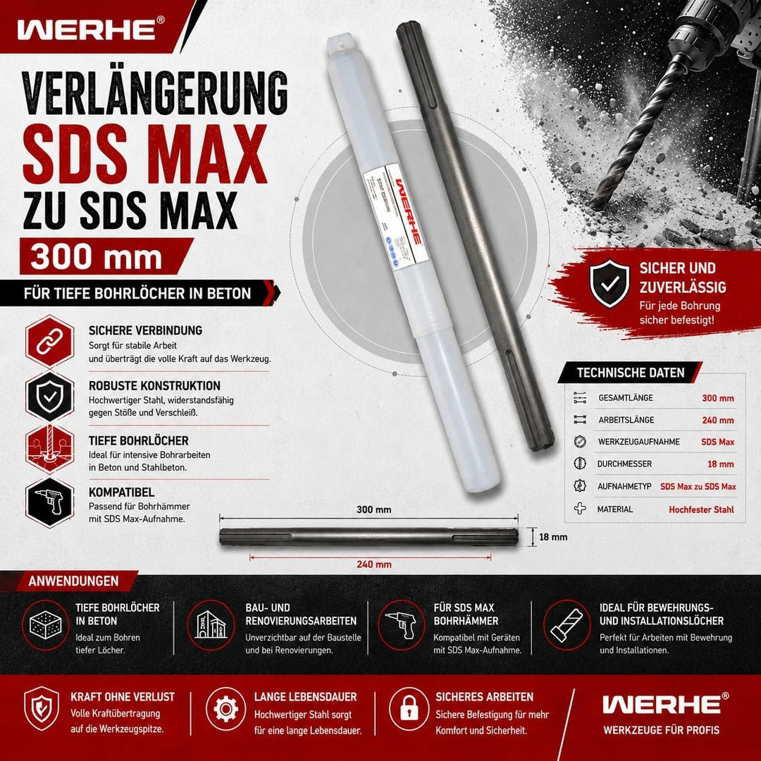WERHE ® Bohrverlängerung 300 mm SDS Max auf SDS Max Schaft zu Adapter Aufnahme Verlängerung 300mm, V
