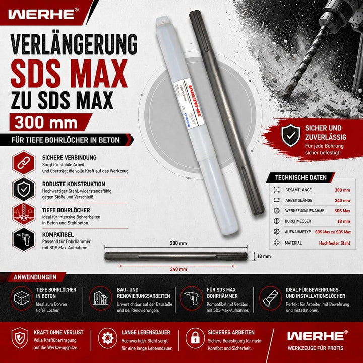 WERHE ® Bohrverlängerung 300 mm SDS Max auf SDS Max Schaft zu Adapter Aufnahme Verlängerung 300mm, V