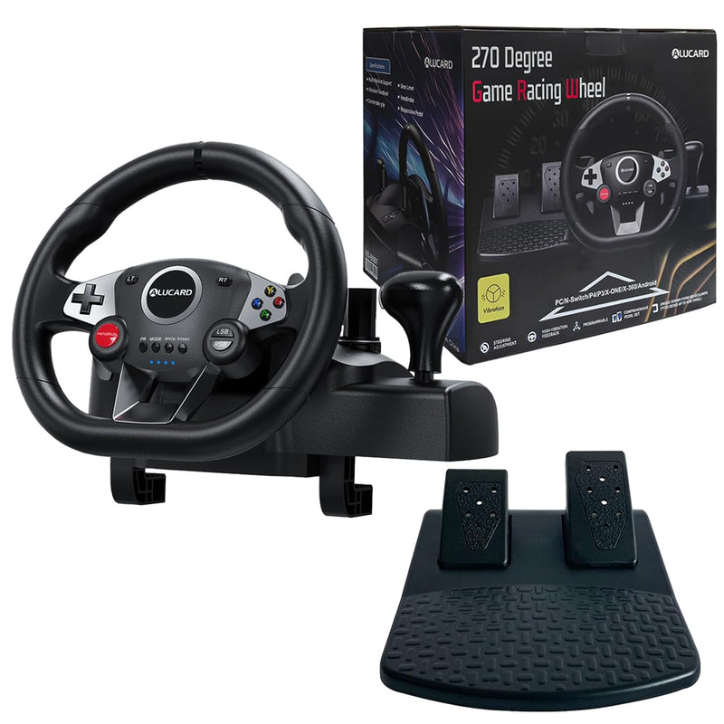 DuLingKer PC Lenkrad mit Pedalen und Schaltung, 270° Gaming Lenkrad für PC/PS4/Switch/PS3/Xbox One/X
