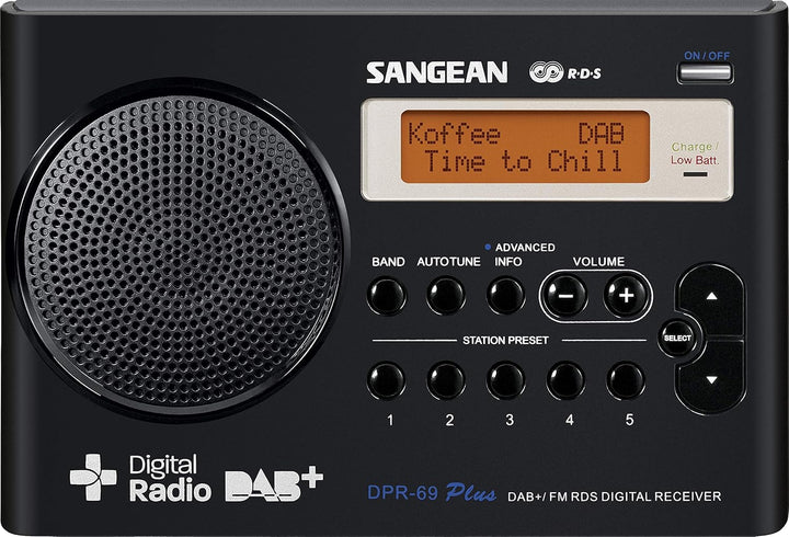 Sangean DPR-69+ tragbares DAB+ Digitalradio (UKW-Tuner, Batterie-/Netzbetrieb) schwarz