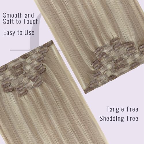 Fshine Echthaar Extensions Clip 35cm 120g Aschblondes Highlight mit Bleichblond Clip in Extensions E