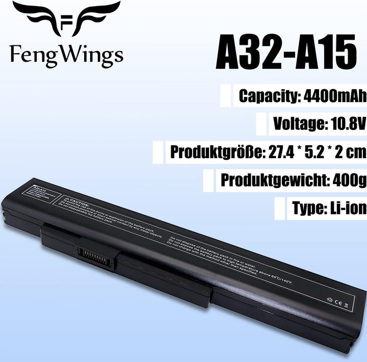 FengWings 10,8V 4400mAh A32-A15 Neu Ersetzen akku für Medion Akku MSN 40036064 MSN 40036108 E6222 E7
