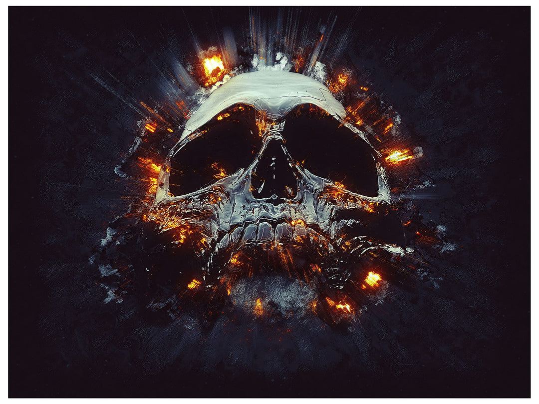 wandmotiv24 Totenkopf Wandbild aus Acrylglas, Grösse 80x60cm, Querformat, Explosion Schädel, Feuer,