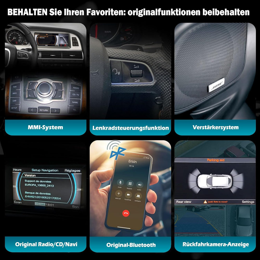 Erisin 8.8 Zoll Qualcomm 8-Kern Android 14 Autoradio für Audi A6 GPS Navigation Kabellos Carplay Blu