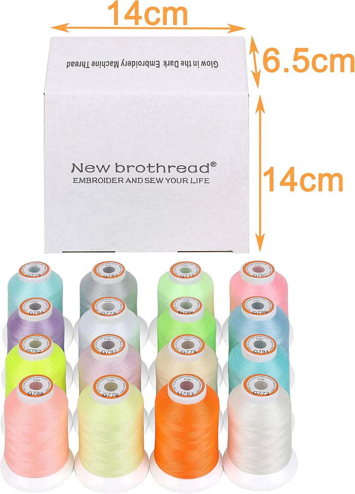 New brothread 16 Farben Leuchtend Leuchten im Dunkeln Maschinenstickgarn Set 30WT 500M (550Y) Jede S