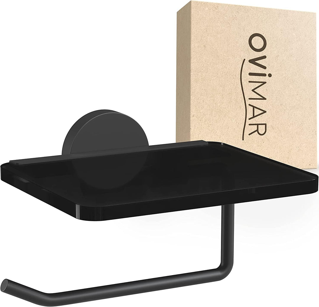 ovimar Toilettenpapierhalter Remoya | Papierrollenhalter mit Glasablage schwarz zum Bohren schwarz |