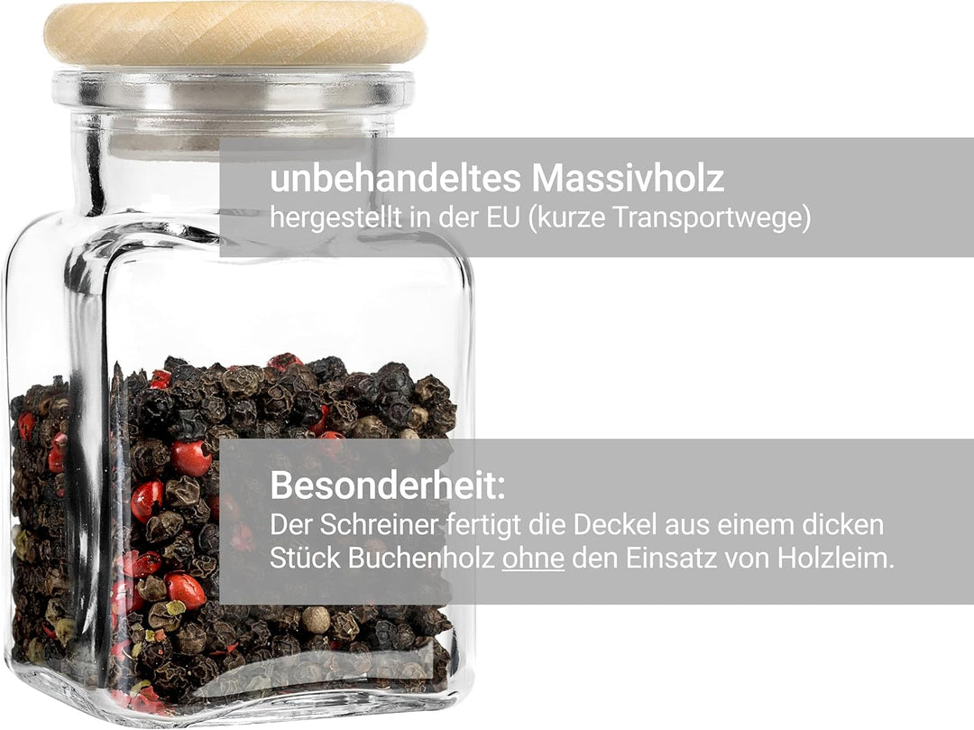 GIESSLE® 15 Gewürzgläser mit MASSIVHOLZ Deckel (ohne Leim) und 97 abwischbaren Etiketten im Set
