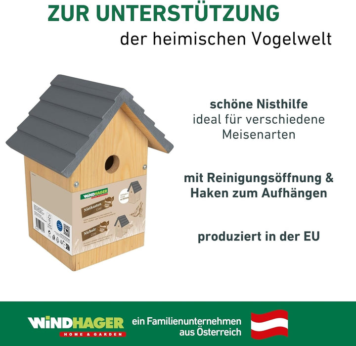 Windhager Nistkasten Cosy für Vögel | Kiefernholz massiv, Einflugloch Ø 28 mm, Holz | Vogelhaus, Vog