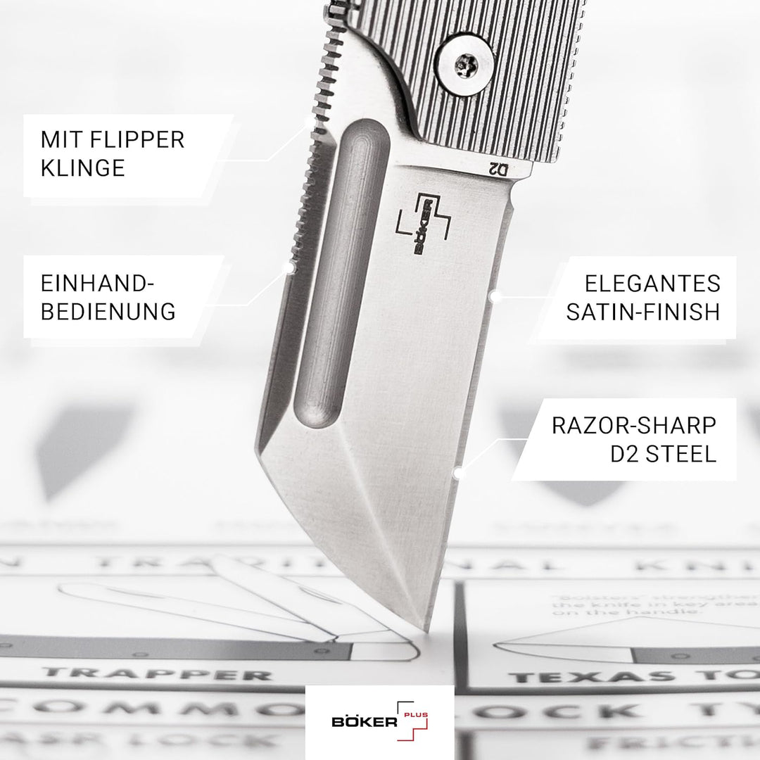 Böker Plus® BabyX Flipper Steel - kugelgelagertes EDC Mini Taschenmesser mit D2 Sheepfoot Klinge - k