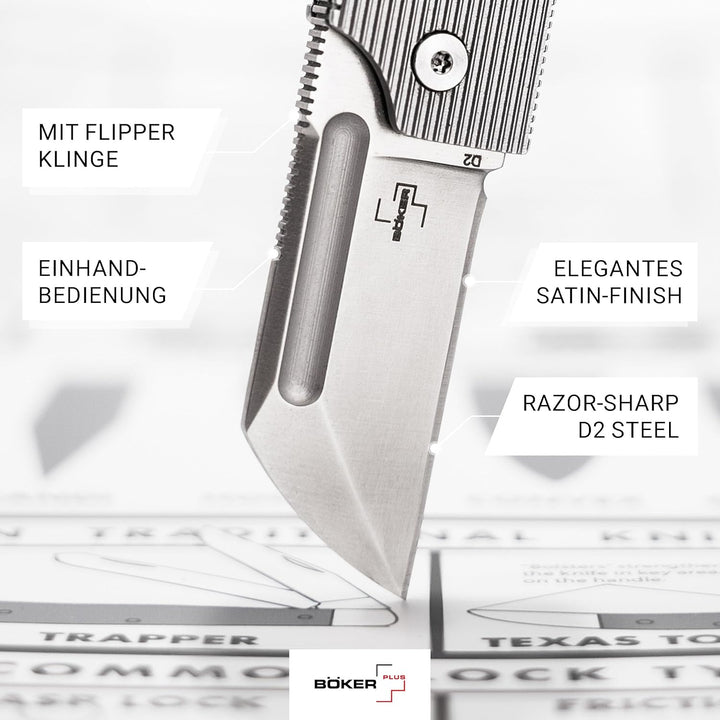 Böker Plus® BabyX Flipper Steel - kugelgelagertes EDC Mini Taschenmesser mit D2 Sheepfoot Klinge - k