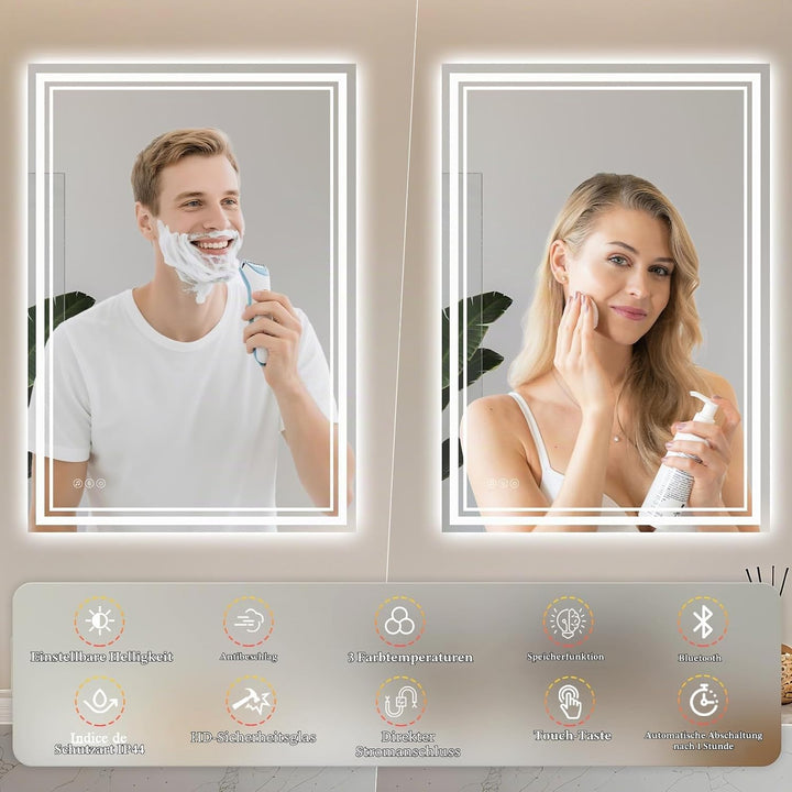 Badspiegel-mit-Beleuchtung 80x60 - LED Badezimmerspiegel mit Bluetooth - Badezimmer Spiegel mit Bele