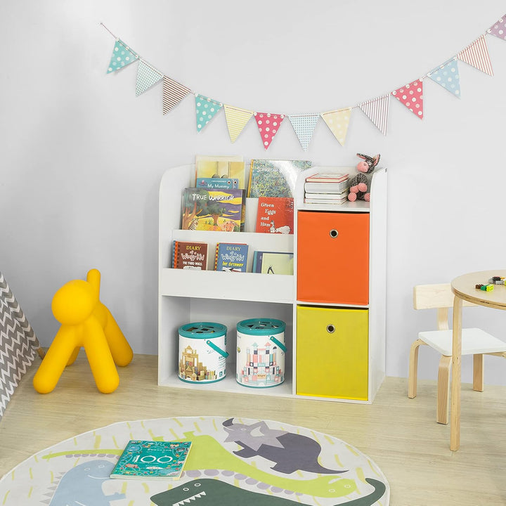 SoBuy KMB37-W Kinder Bücherregal Kinderregal mit 5 Ablagefächern und 2 Stoffboxen Spielzeugregal Auf