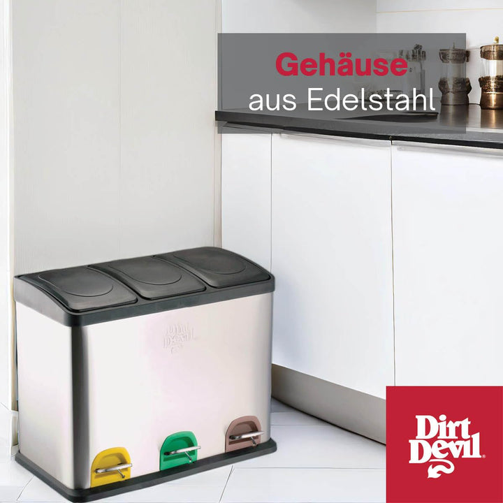 Dirt Devil Tretmülleimer 3 x 15L - Mülltrennsystem mit 3 Fächer - Abfalleimer Küche - Mülleimer mit