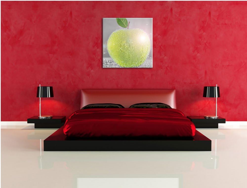 Pixxprint Grüner saftiger Apfel mit Wasserperlen schwarz/weiss, Format: 70x70 auf Leinwand, riesige