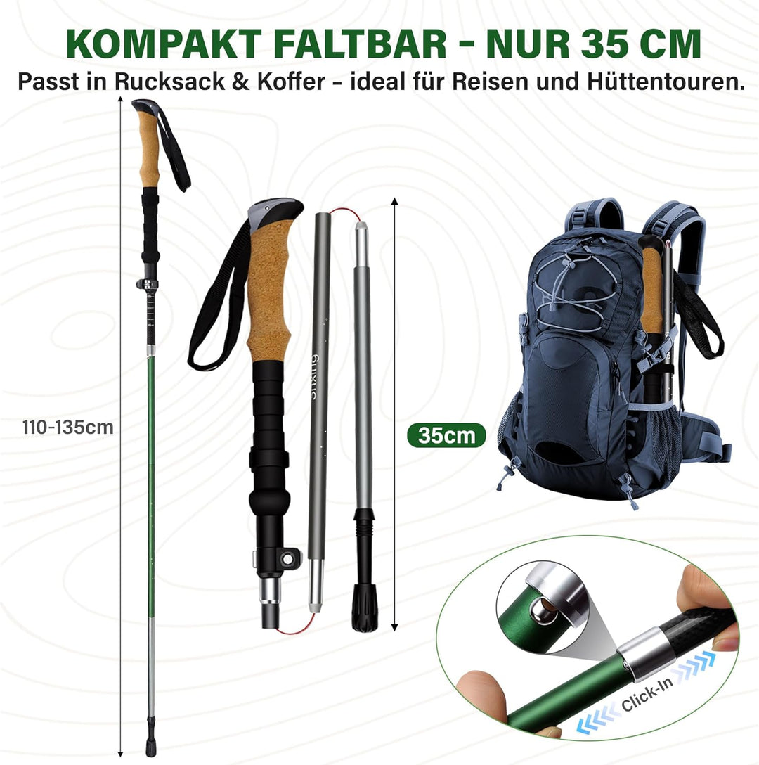Faltbare Wanderstöcke 2er Set, Carbon 3K & Aluminium 7050, Verstellbar 110-135 cm, Korkgriff mit Eva