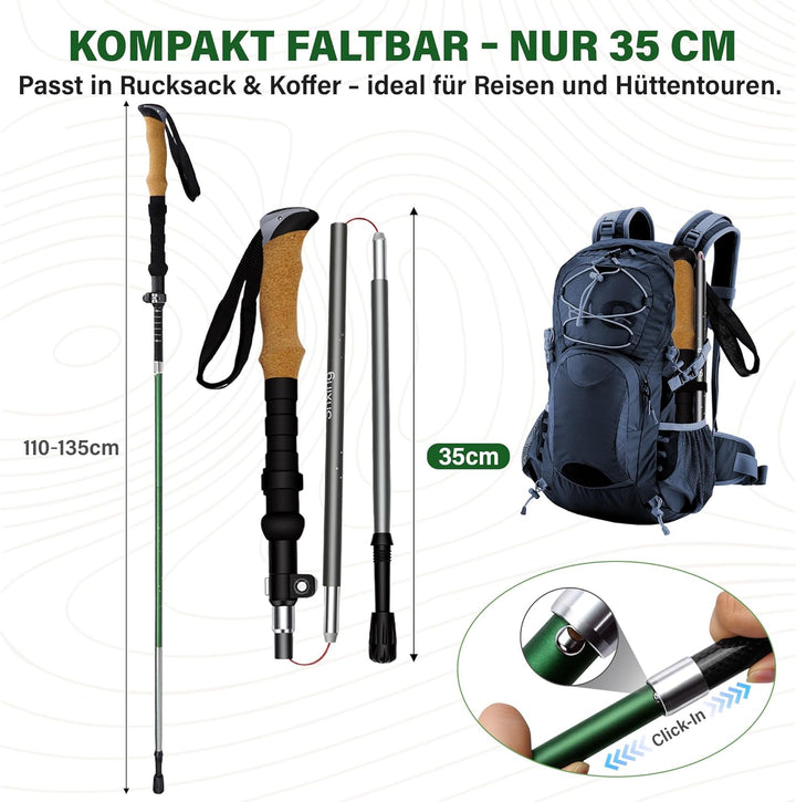 Faltbare Wanderstöcke 2er Set, Carbon 3K & Aluminium 7050, Verstellbar 110-135 cm, Korkgriff mit Eva